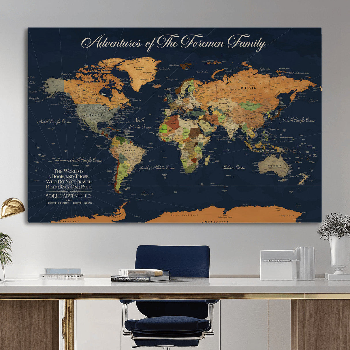 Custom Push Pin World Map Wall Art Canvas Print – Personalized Travel Tracker with Pins Framed Large for Home and Office Decor