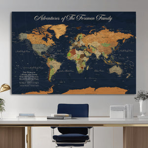 Custom Push Pin World Map Wall Art Canvas Print – Personalized Travel Tracker with Pins Framed Large for Home and Office Decor