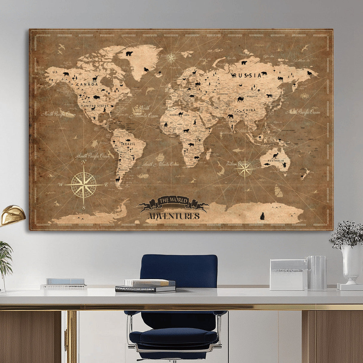 Custom Push Pin World Map Wall Art Canvas Print – Personalized Travel Tracker with Pins Framed Large for Home and Office Decor