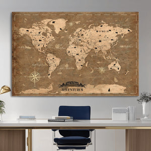 Custom Push Pin World Map Wall Art Canvas Print – Personalized Travel Tracker with Pins Framed Large for Home and Office Decor