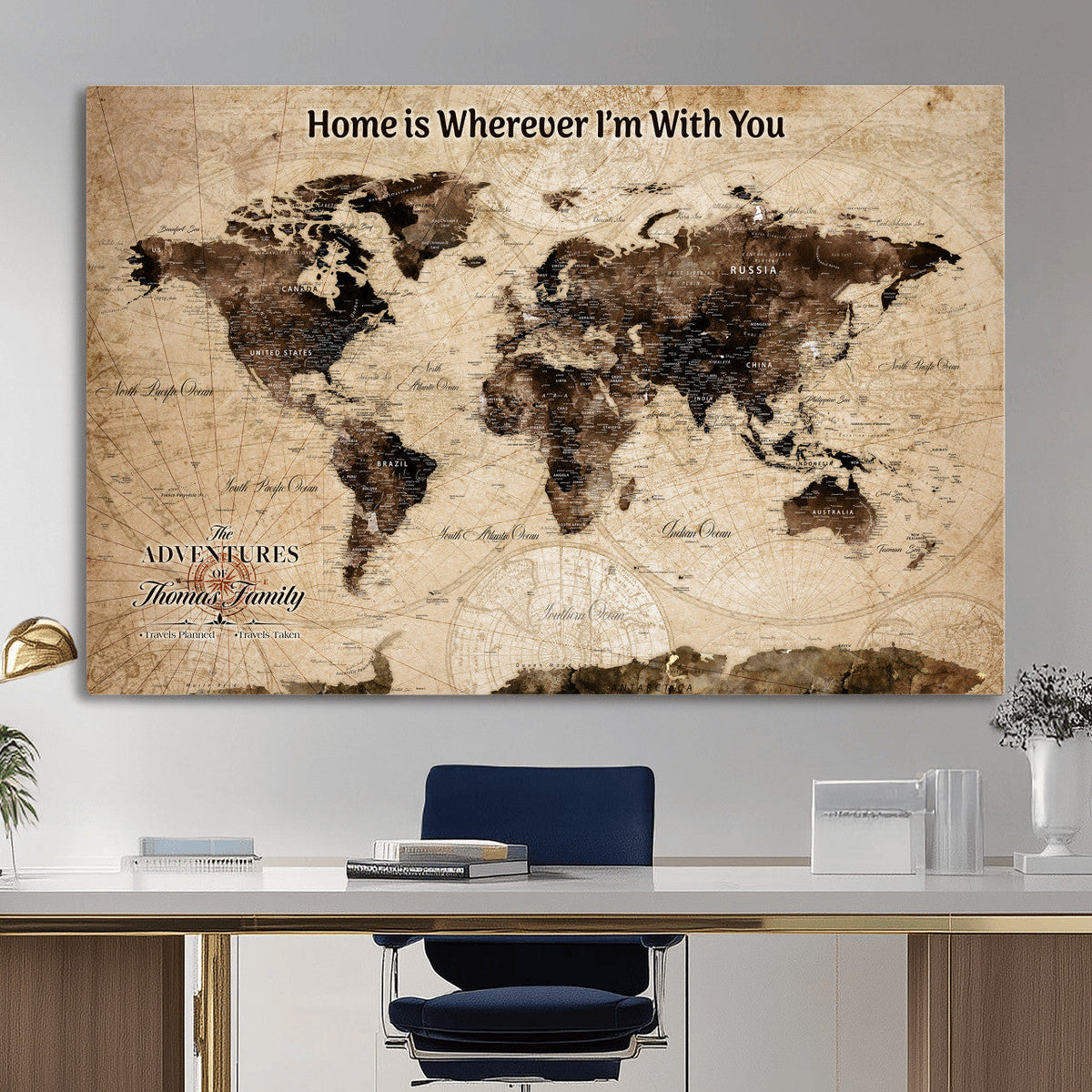 Personalized Framed World Map Wall Art Canvas Print – Custom