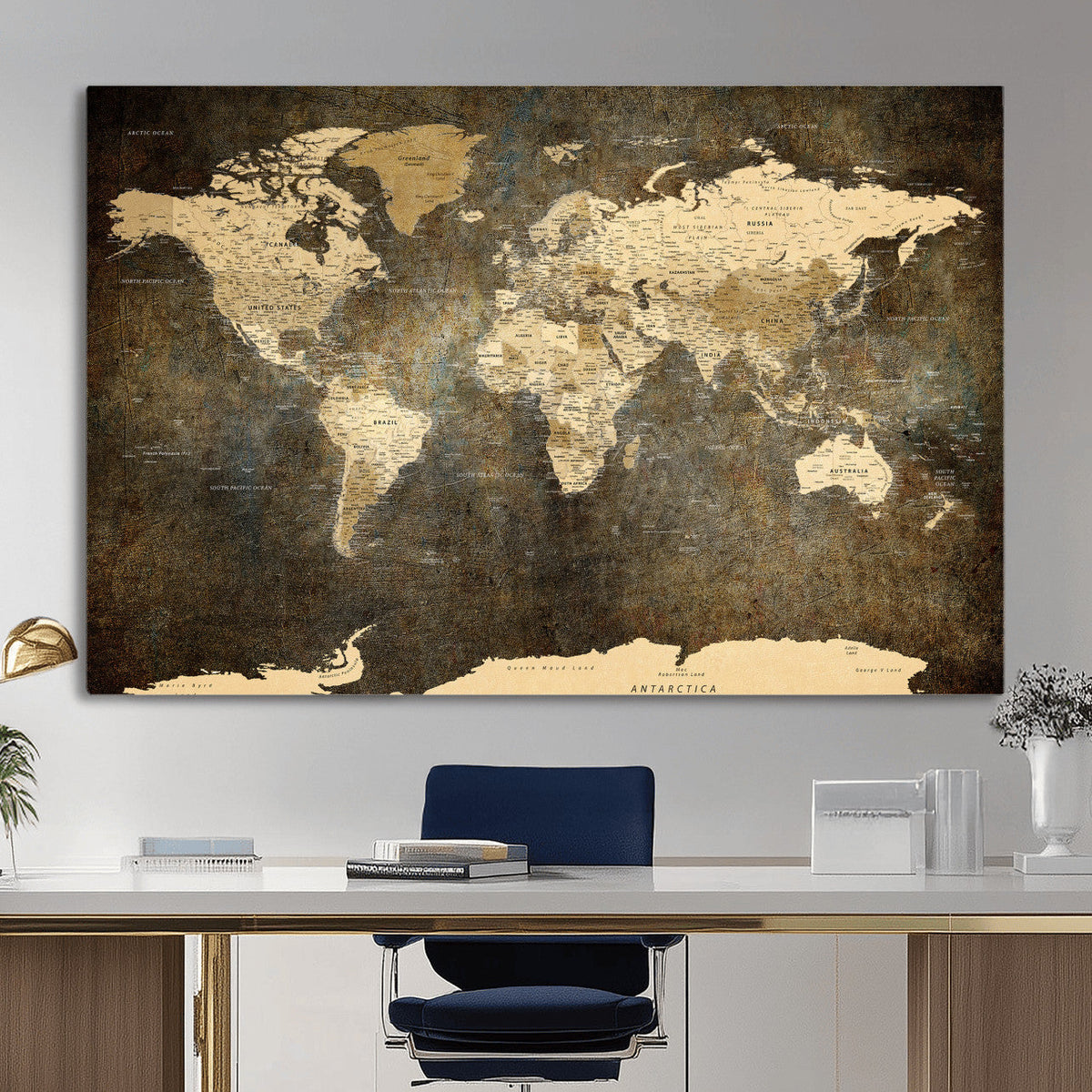 Large Framed Vintage World Map Wall Art Print for Home Wall