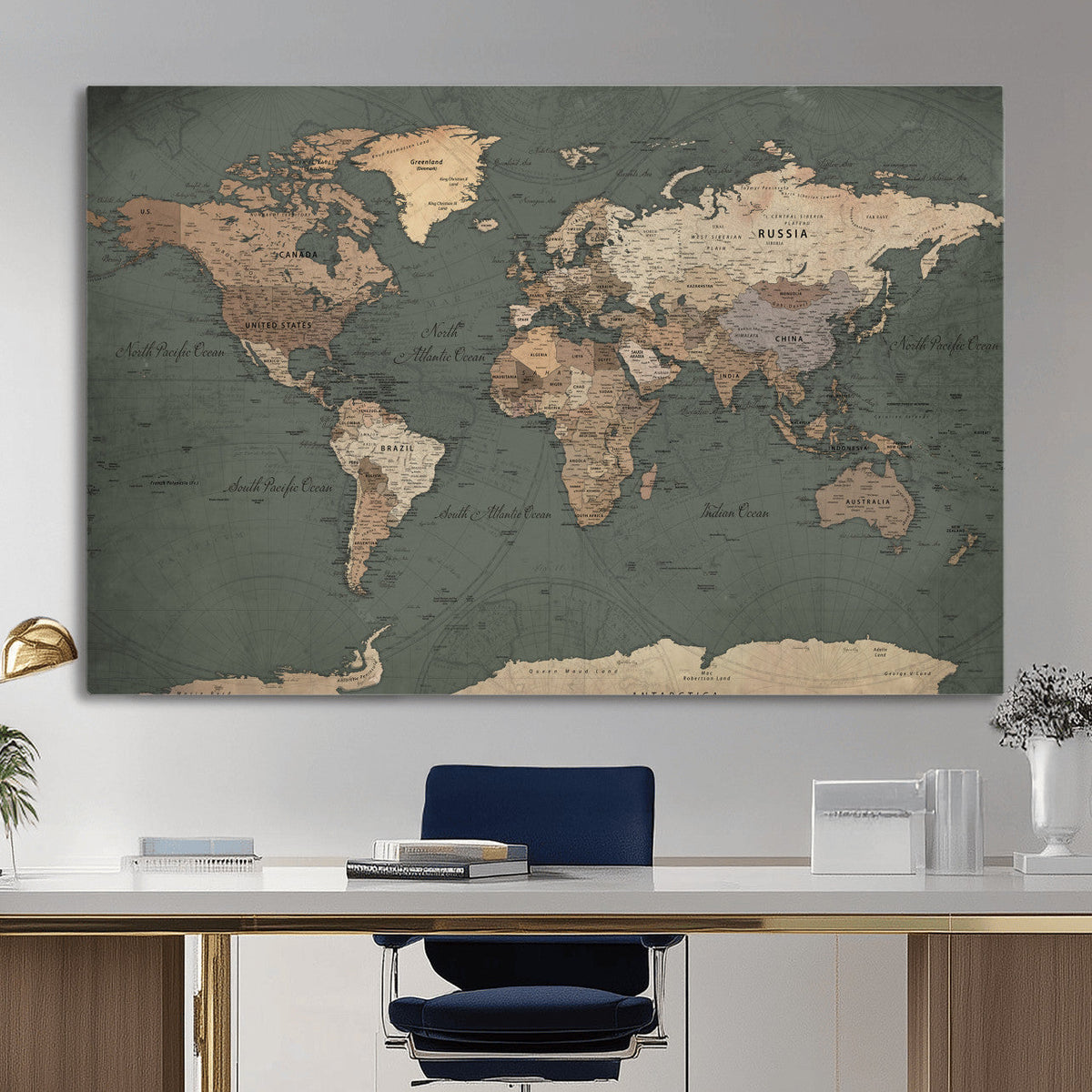 Rustic Black and Wood World Map Canvas Wall Art – Framed