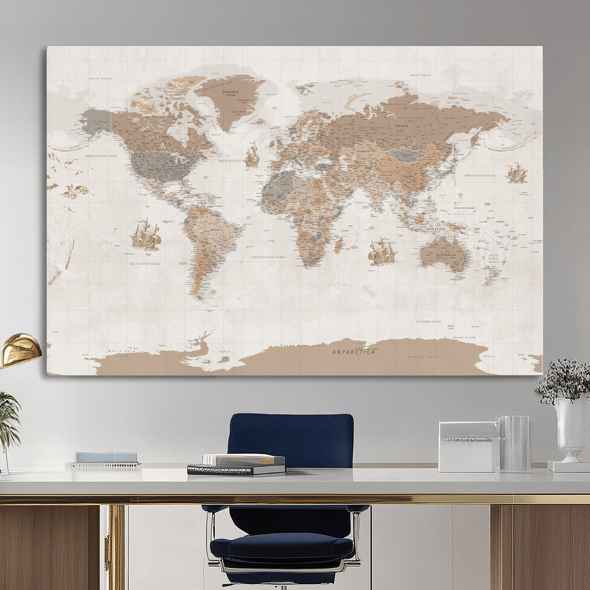 Framed Large World Map Canvas Print for Office Decor