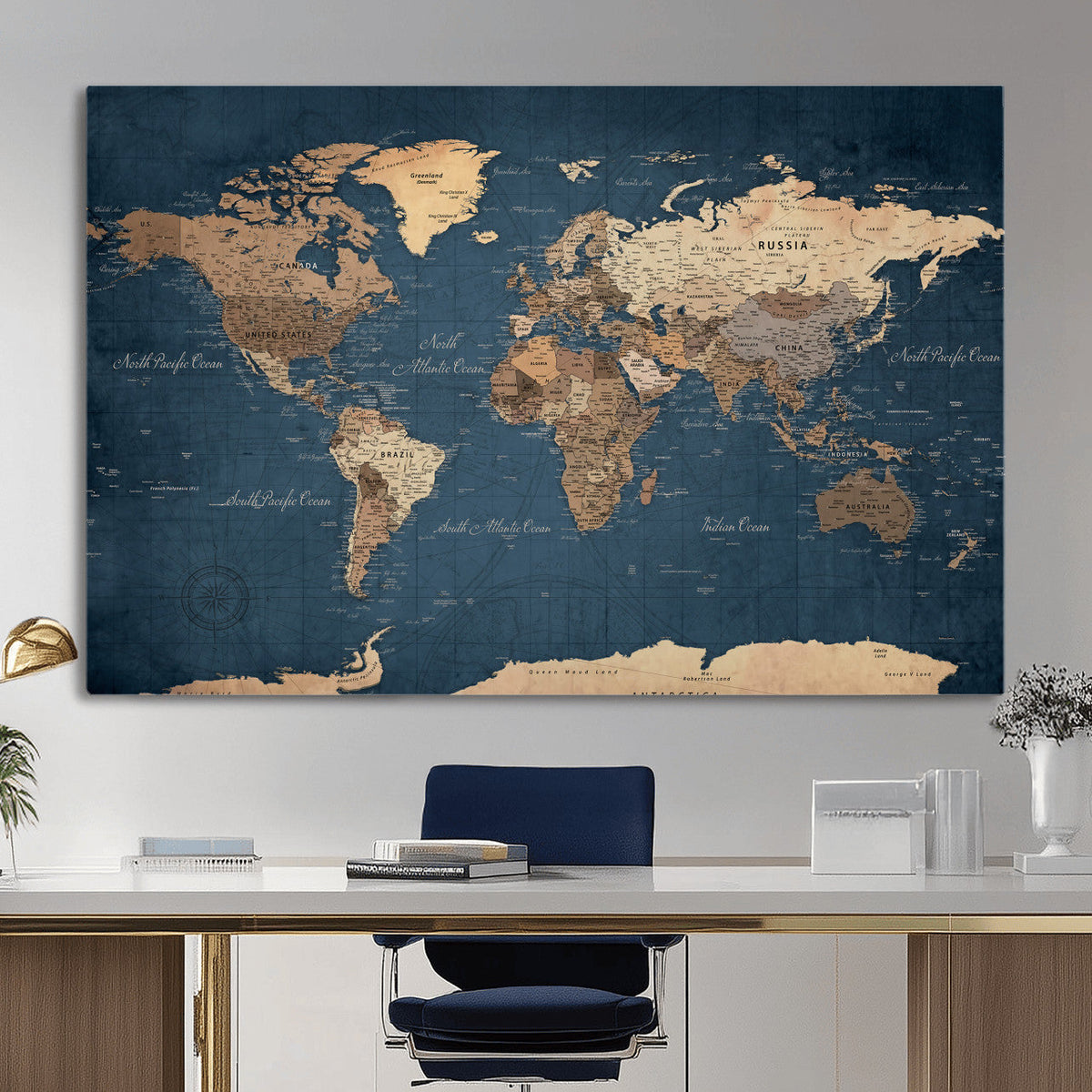 Navy Blue World Map Canvas Print – Framed Travel Map Wall