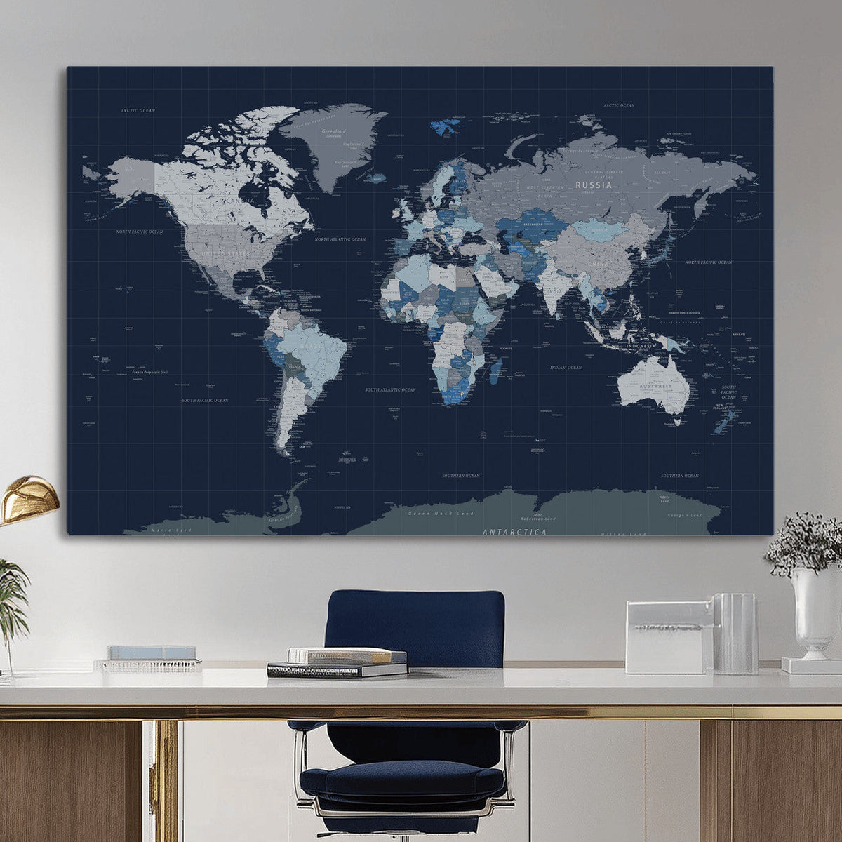 Blue Detailed World Map Wall Art Canvas Print, Modern Framed