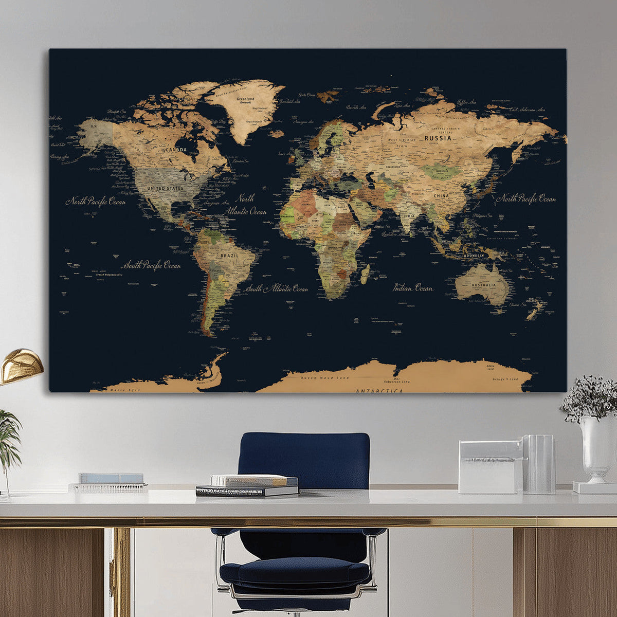 Vintage World Map Canvas on the Dark Background Wall Art