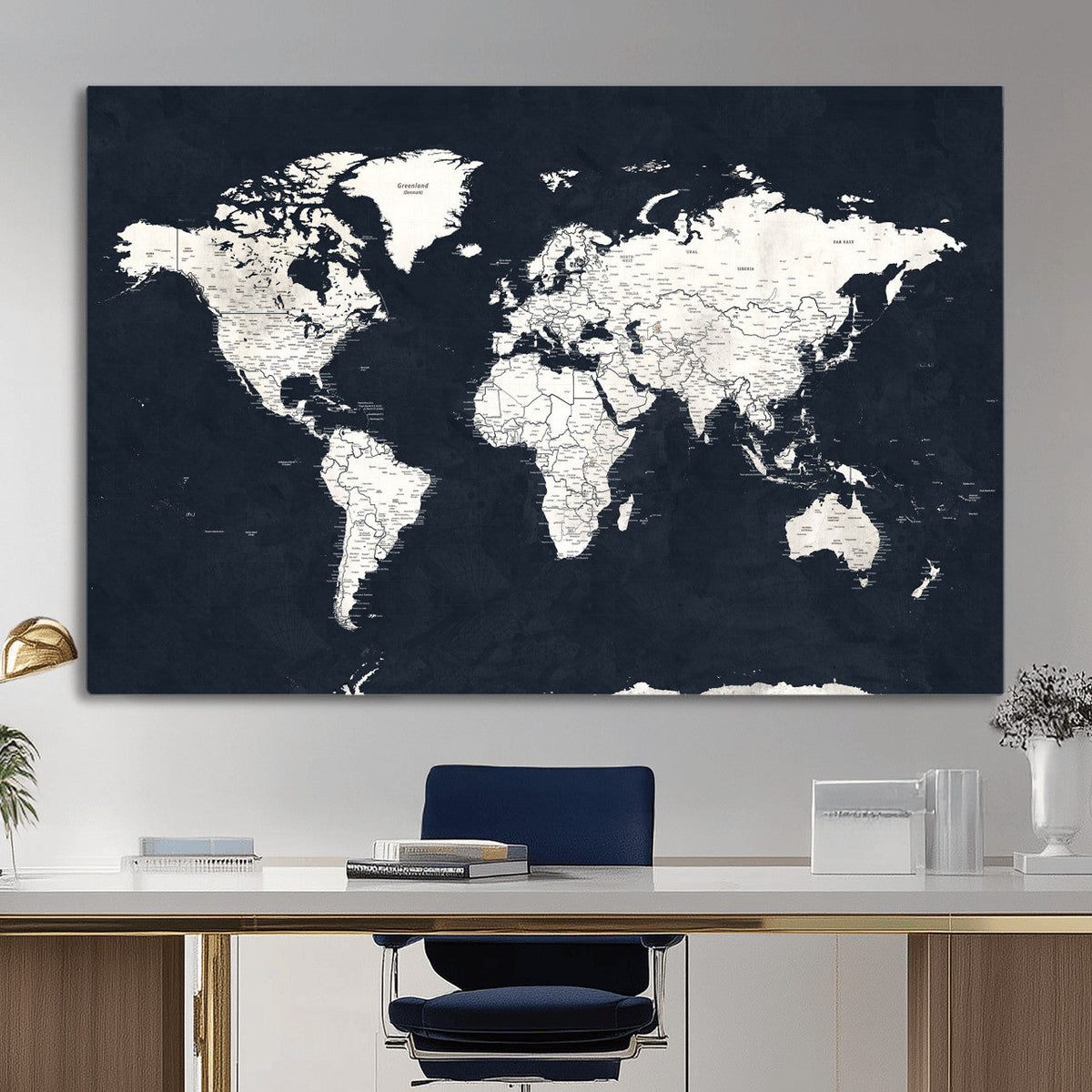 Black World Map Wall Art Canvas Print for Home Office and