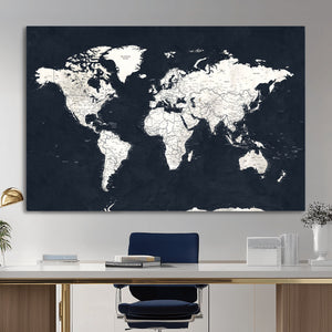 Black World Map Wall Art Canvas Print for Home Office and