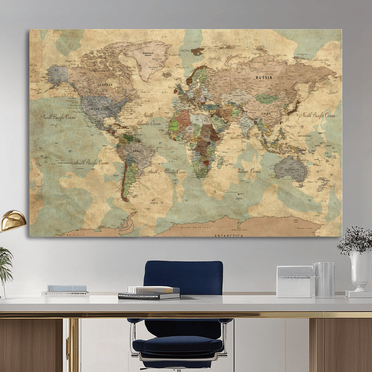 Vintage World Map Wall Art | Ready to Hang and Framed