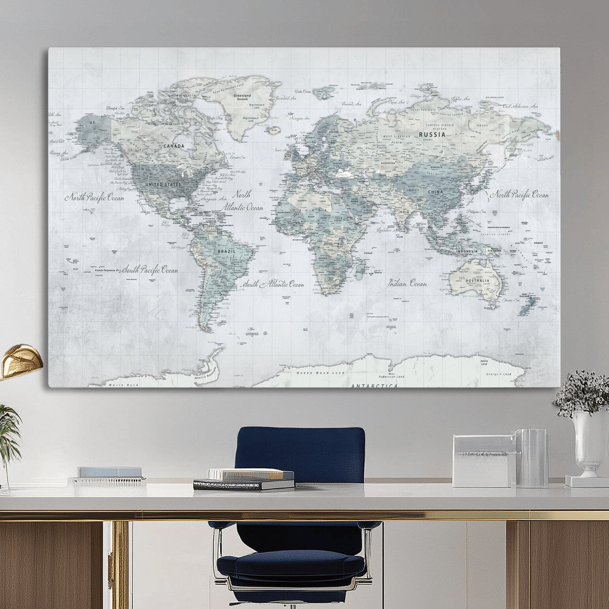 Push Pin World Map Canvas Print - Detailed Vintage World Map