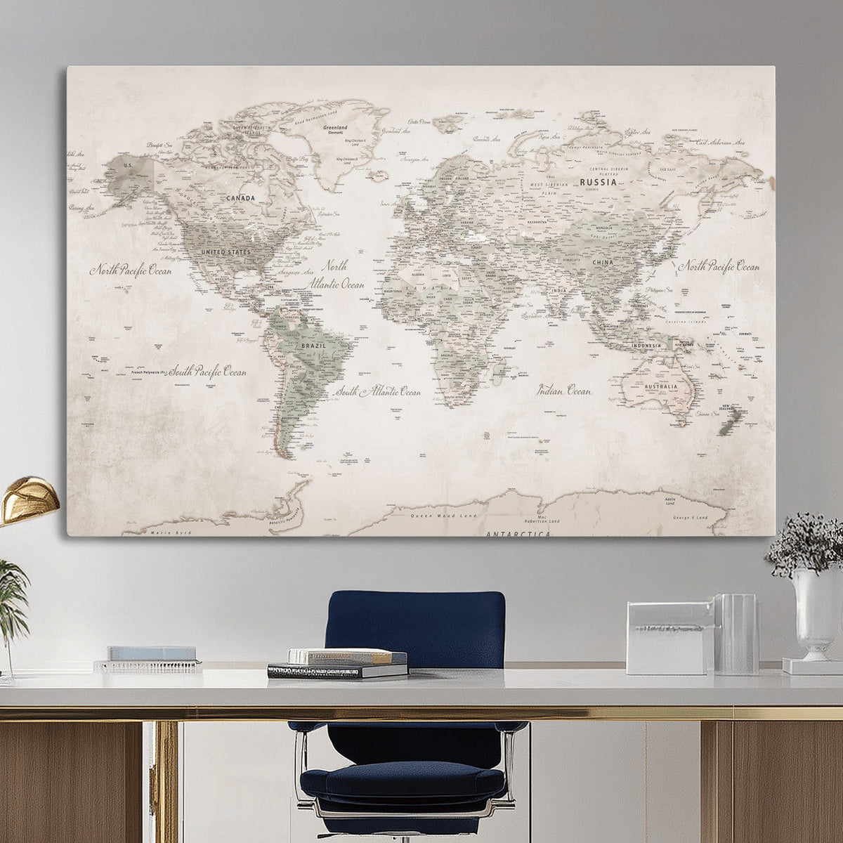 Antique Style World Map Canvas Print - Vintage Detailed