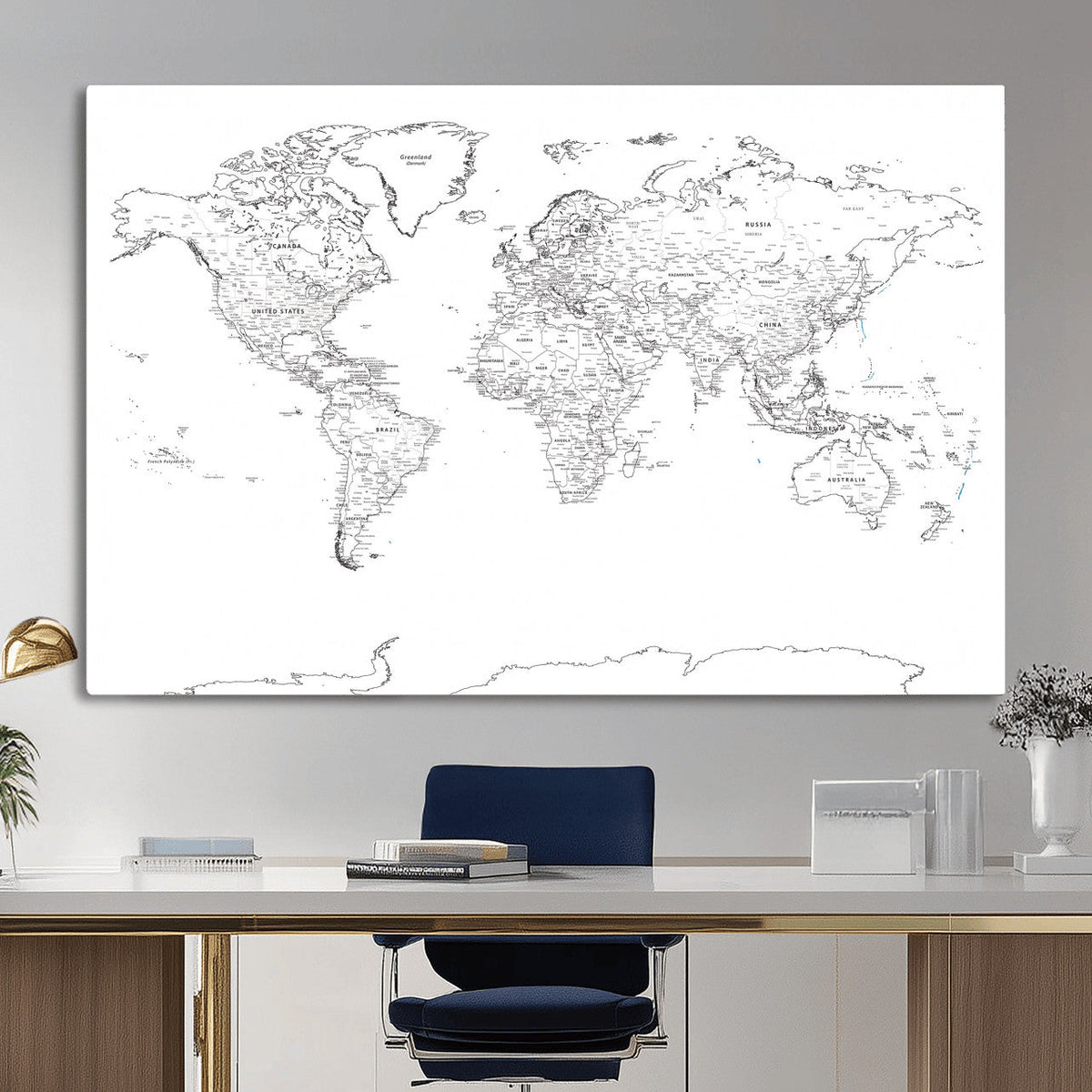 World Map Canvas Print – Framed Modern Detailed Map of the