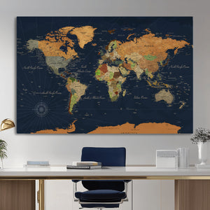 Modern World Map Canvas Print – Framed Detailed Map of the