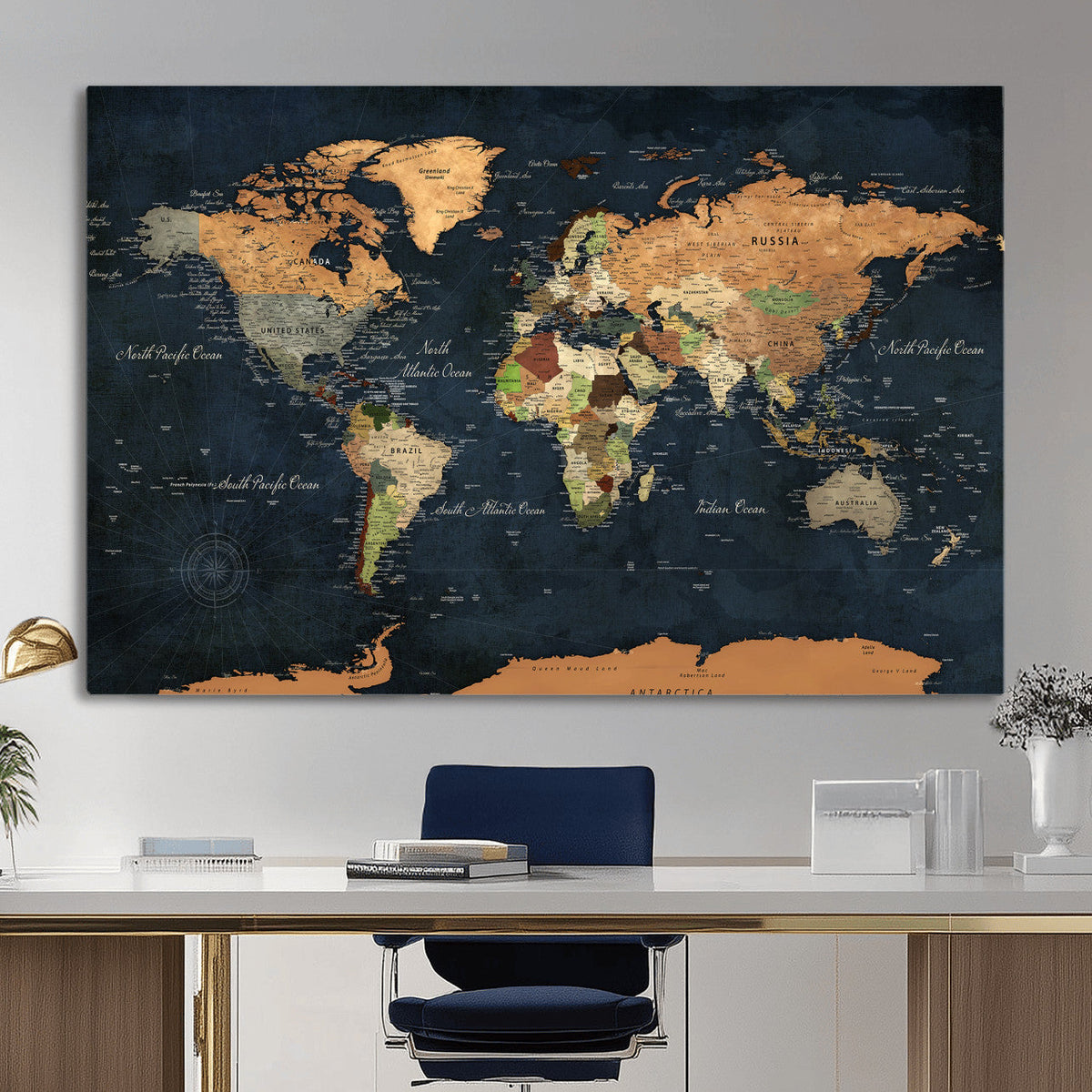 Vintage World Map Canvas Wall Art – Detailed Map with