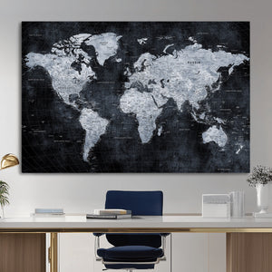Black World Map Canvas Print – Detailed Map for Couples and