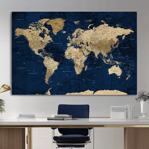 Navy Blue World Map Canvas Print – Detailed Map Minimal Navy