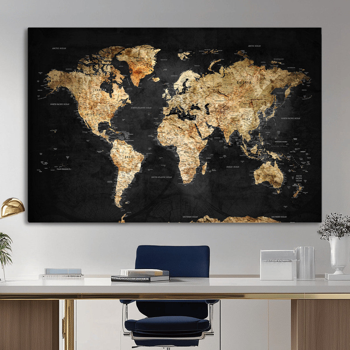 World Map Canvas Wall Art with Famous Landmarks – Framed