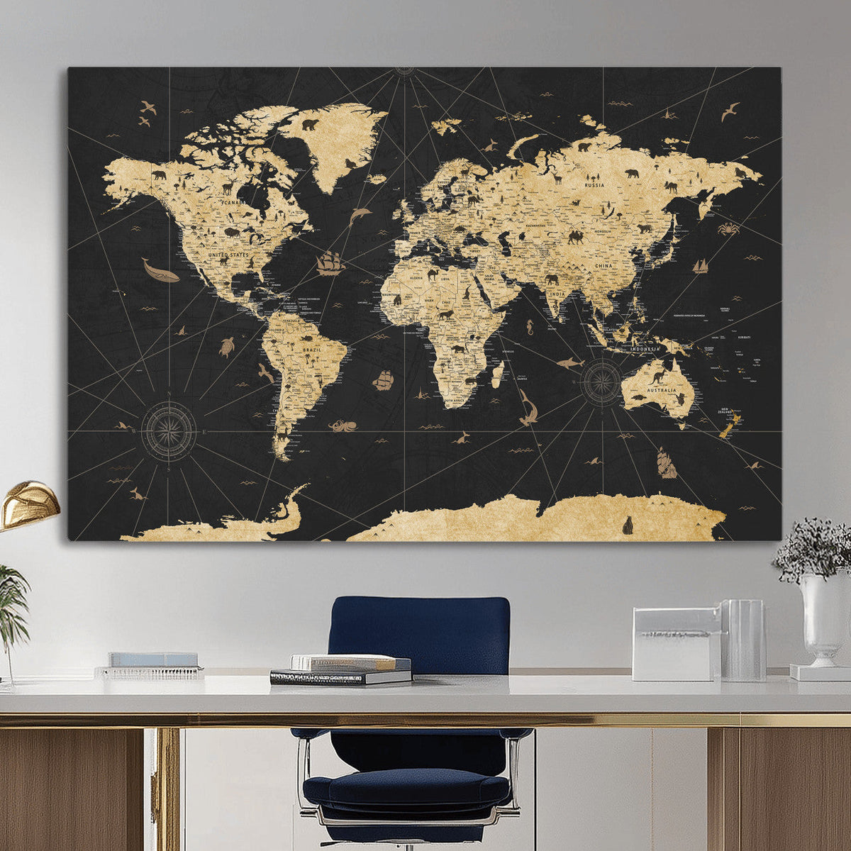 Vintage Blue and Brown World Map Canvas Wall Art – Framed