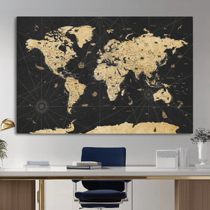 Vintage Blue and Brown World Map Canvas Wall Art – Framed