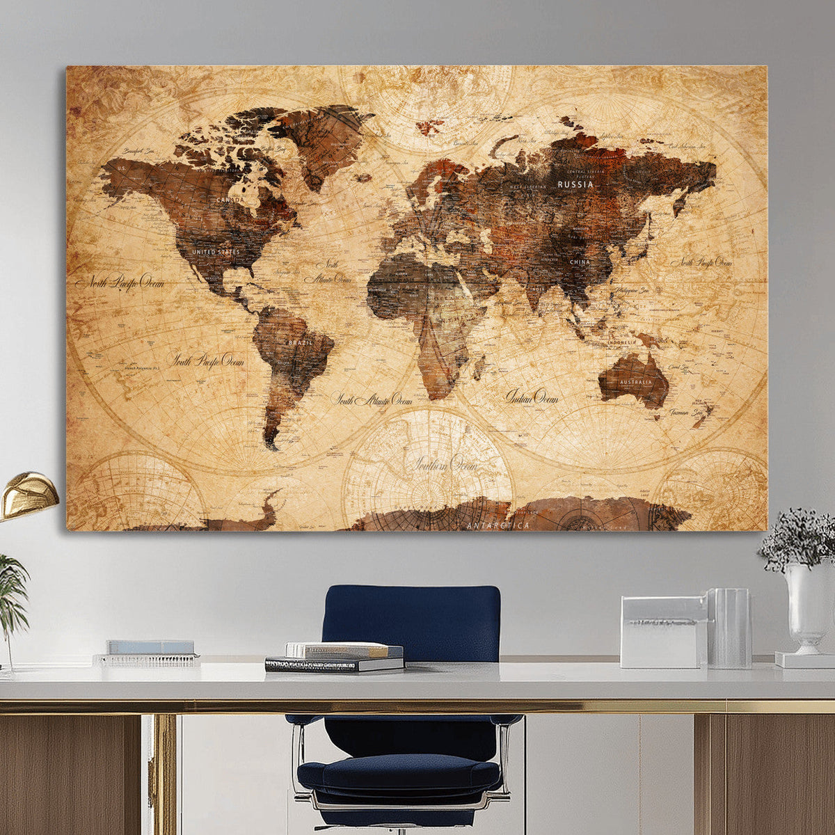 Modern Red and Gray World Map Canvas Print – Framed Wall Art