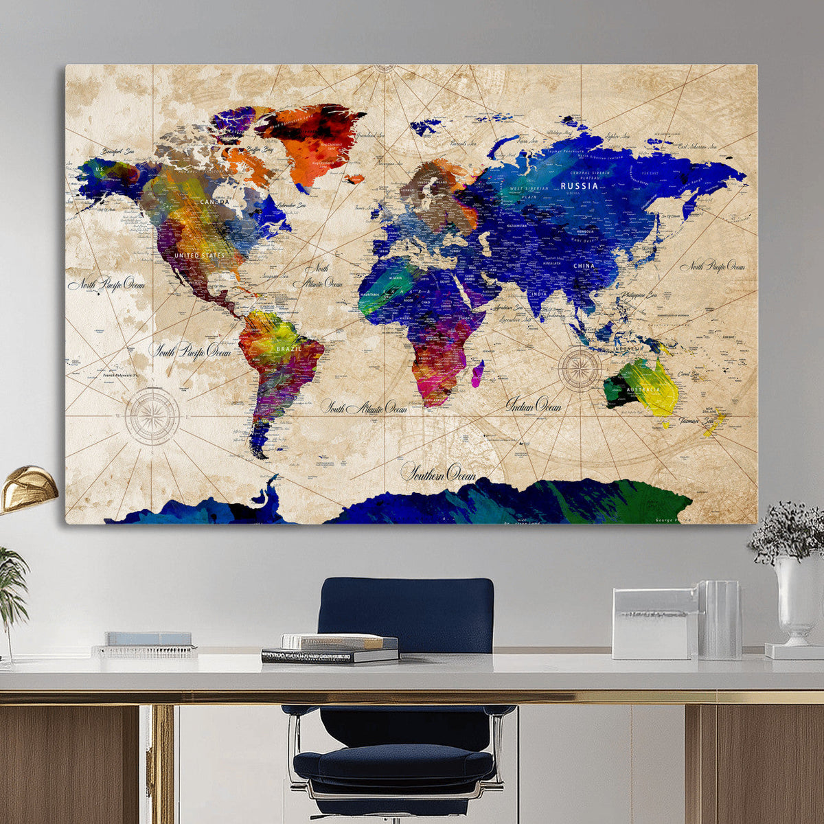 Watercolor World Map Canvas Print – Framed Wall Art for