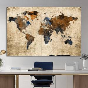 World Map Wall Art Canvas Print, Modern Decorative Framed