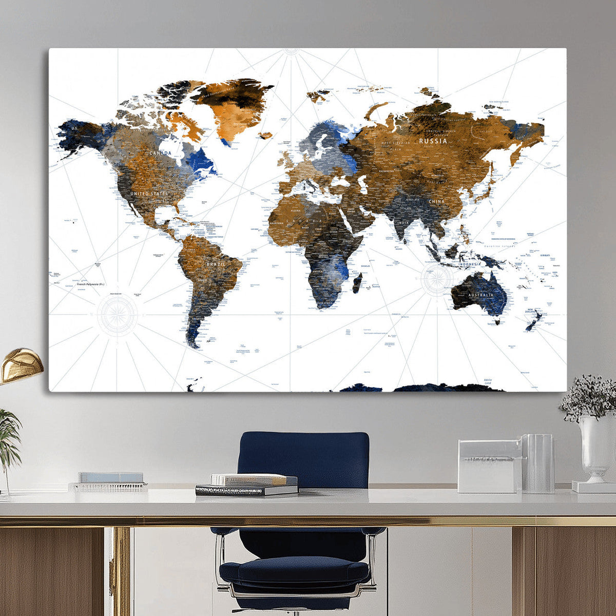 Colorful Watercolor World Map Canvas Wall Art – Framed
