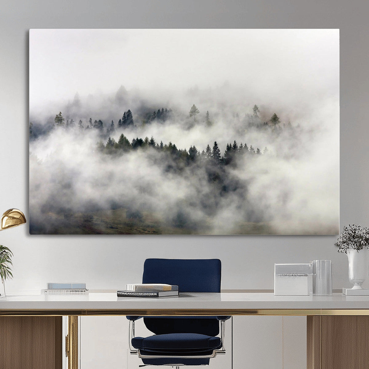 Foggy Forest Wall Art Canvas Print, Misty Pine Tree