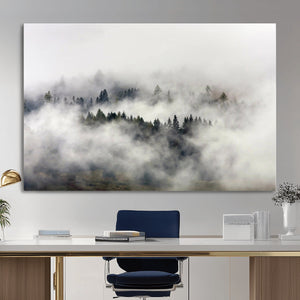 Foggy Forest Wall Art Canvas Print, Misty Pine Tree