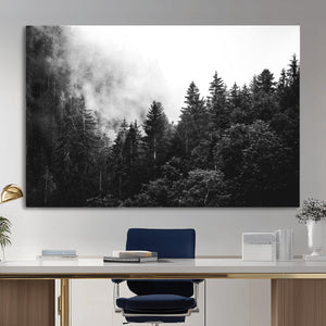 Black White Forest Wall Art Canvas Print, Misty Pine Tree