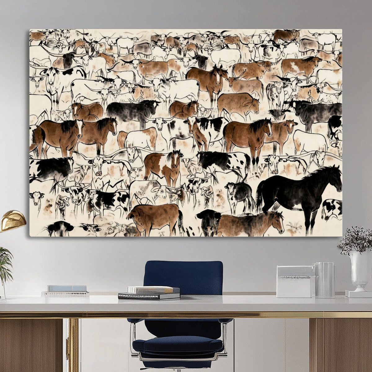 Farmhouse Animals Horse Longhorn Cow Wall Art Canvas Print -