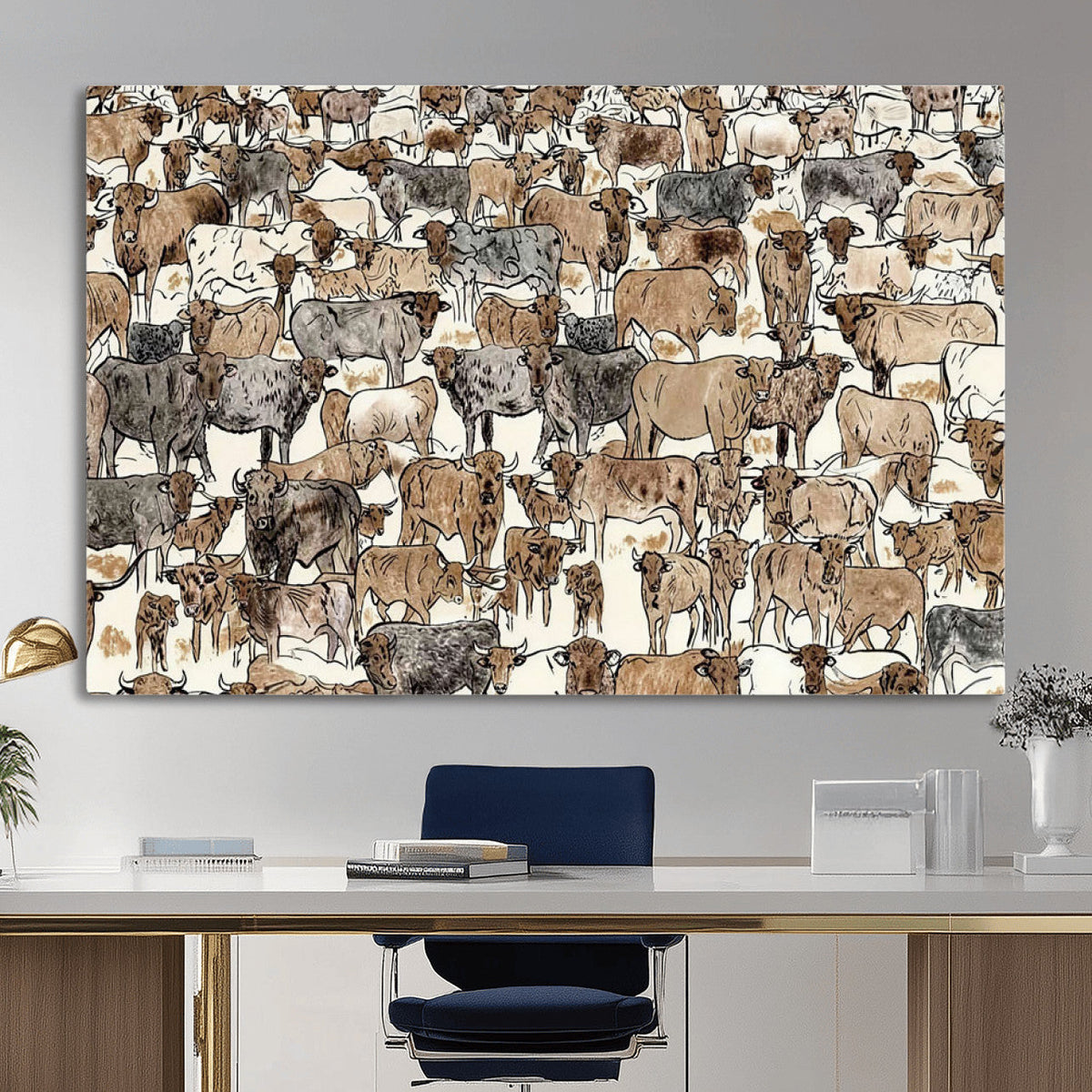 Abstract Longhorn Wall Art Canvas Print - Cow Animal Drawing