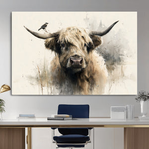 Abstract Highland Cow Wall Art Canvas Print, Rustic Farm