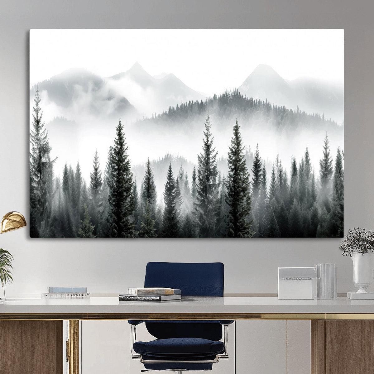 Misty Pine Forest Mountain Landscape Wall Art Canvas Print