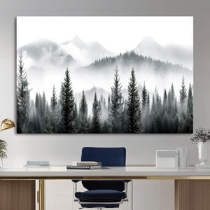 Misty Pine Forest Mountain Landscape Wall Art Canvas Print