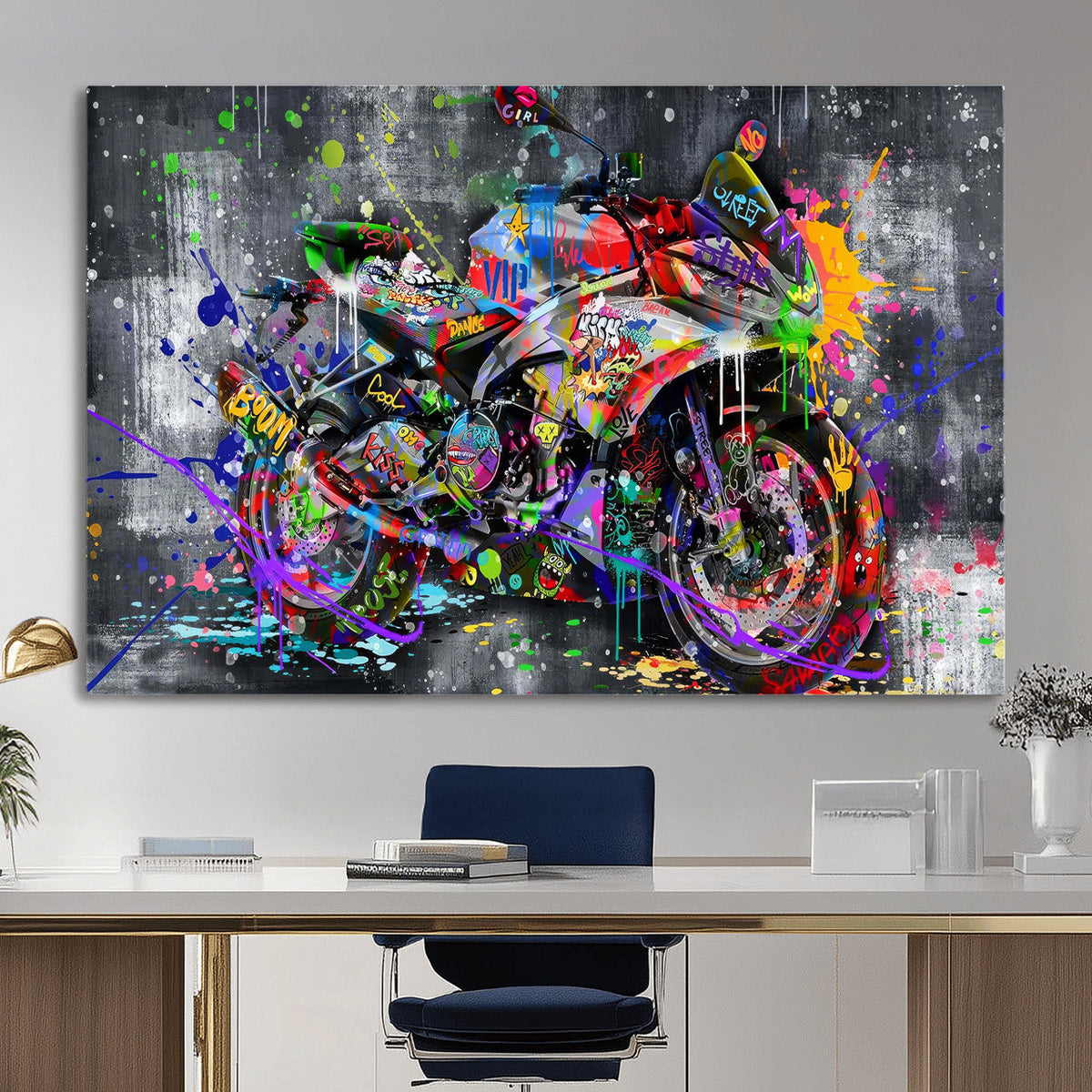 Graffiti Motorcycle Wall Art Canvas Print, Urban Street Art