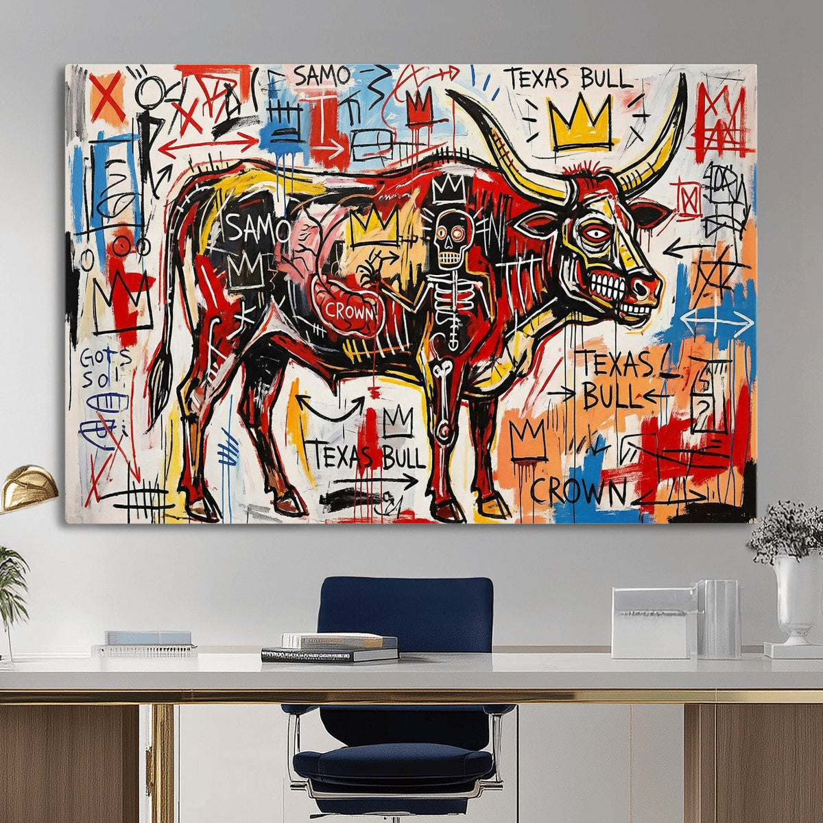 Texas Bull Wall Art Canvas Print, Abstract Graffiti Bull