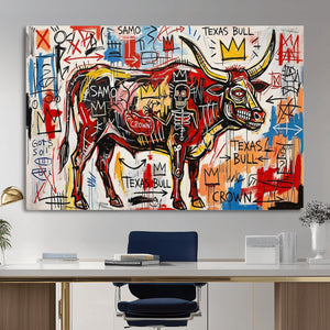 Texas Bull Wall Art Canvas Print, Abstract Graffiti Bull