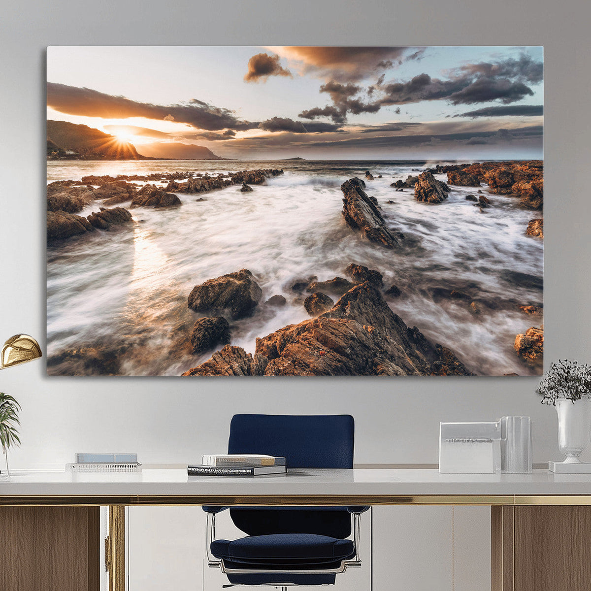 Rocky Coast Ocean Sunset Wall Art Canvas Print, Dramatic