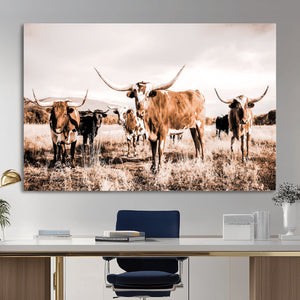 Texas Longhorn Cattle Wall Art Canvas Print, Sepia Western