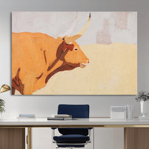 Minimal Longhorn Bull Wall Art Canvas Print, Neutral Western