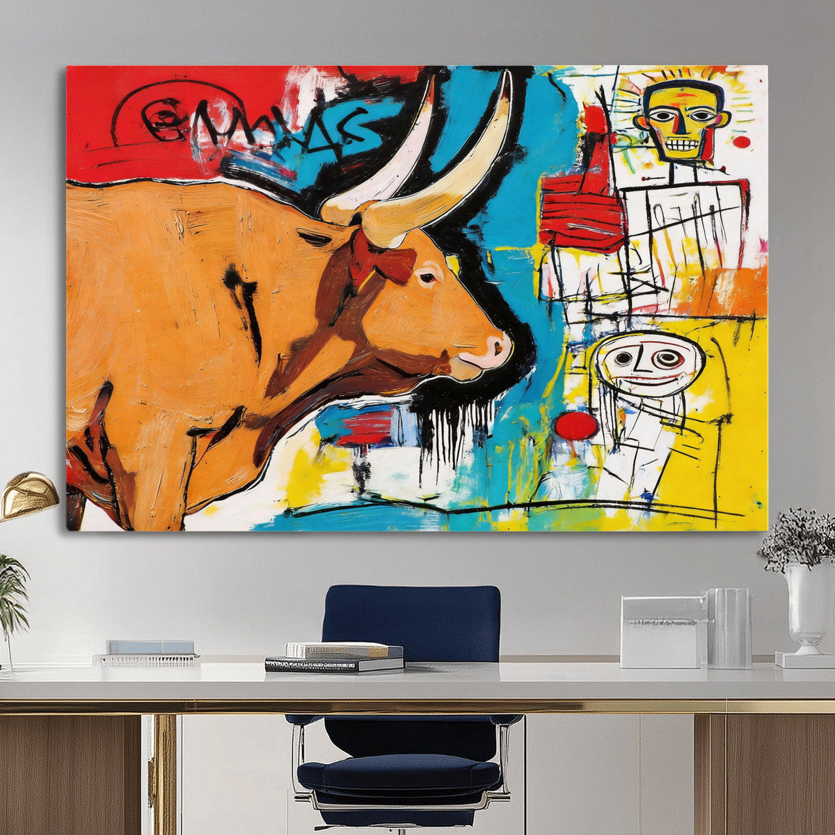 Basquiat Style Bull Graffiti Wall Art Canvas Print, Street