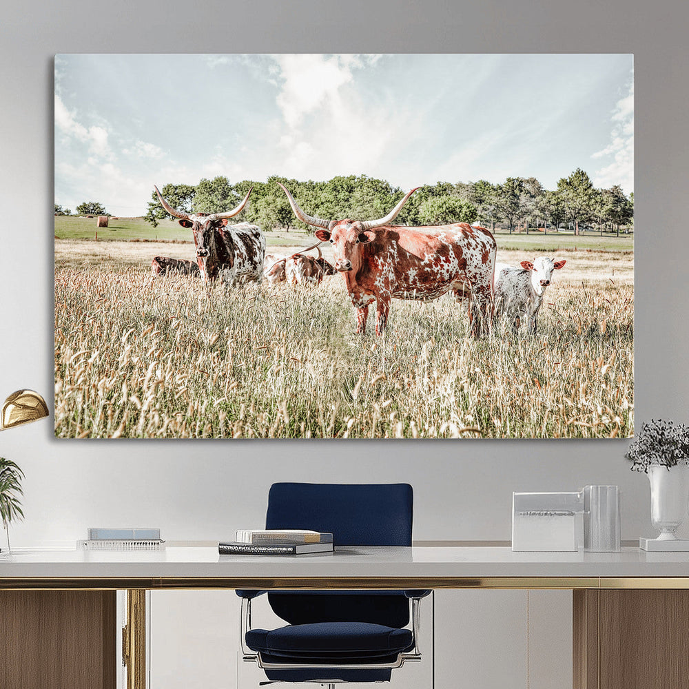 Texas Longhorn Cattle Wall Art Canvas Print, Rustic Ranch