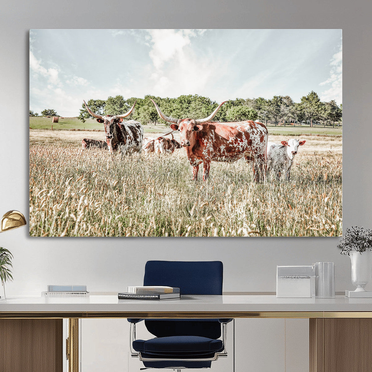 Texas Longhorn Cattle Wall Art Canvas Print, Rustic Ranch