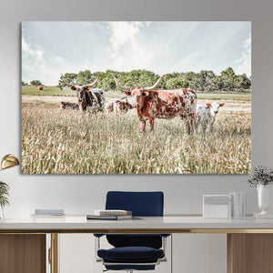 Texas Longhorn Cattle Wall Art Canvas Print, Rustic Ranch