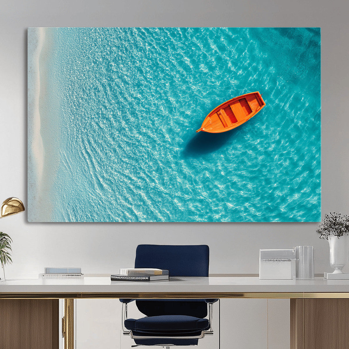 Minimalist Boat Wall Art Canvas Print, Aerial Sea Landscape