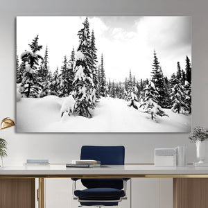 Black and White Snowy Pine Forest Wall Art Canvas Print,