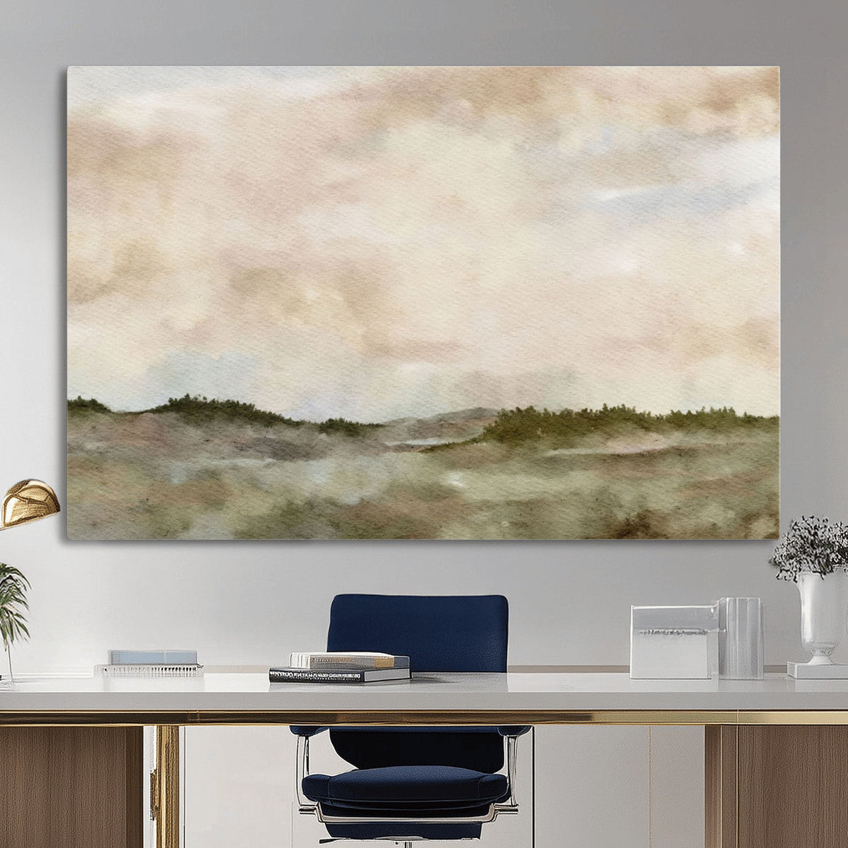 Muted Watercolor Hill Landscape Print — Beige Taupe Cloudy