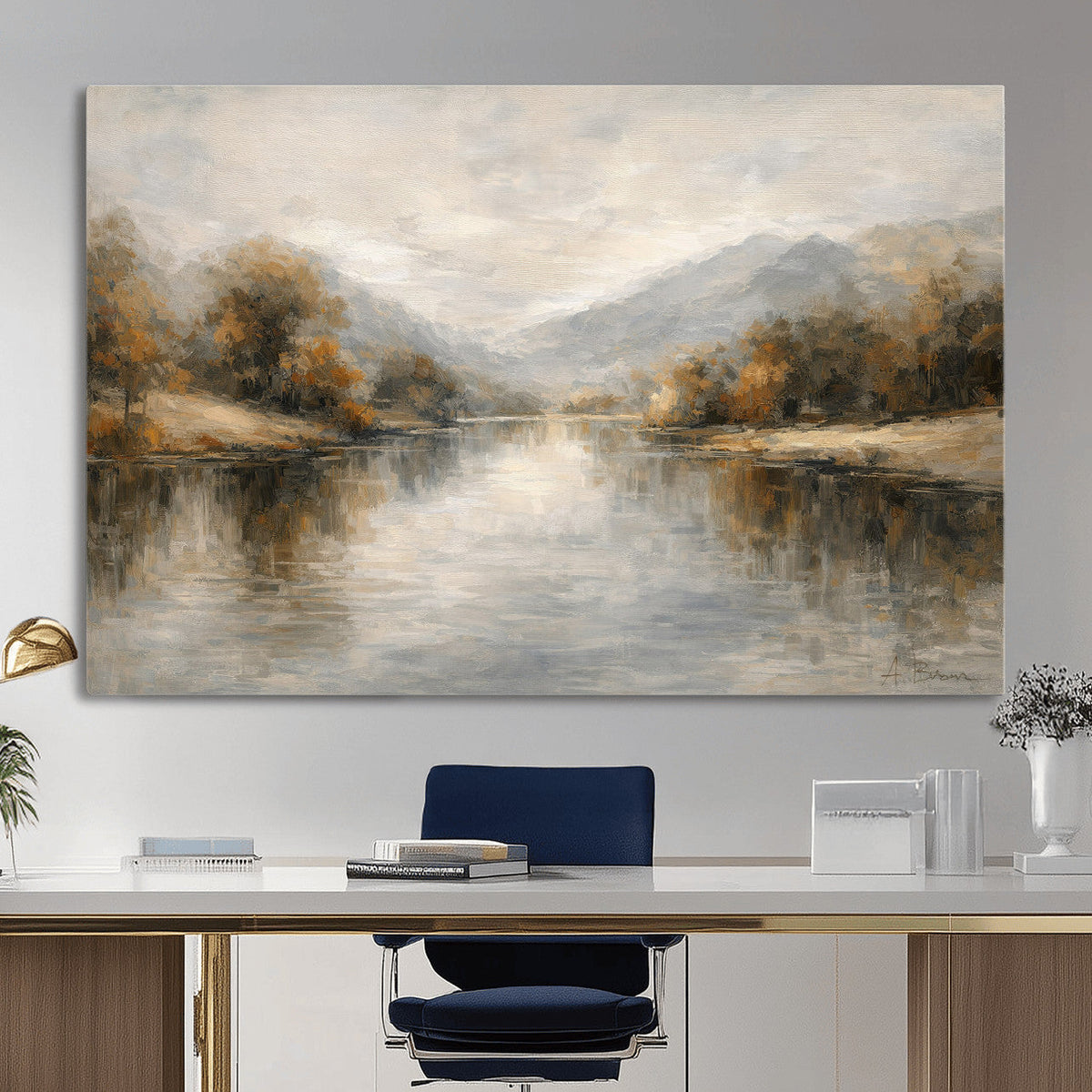 Neutral Abstract River Landscape Wall Art Canvas Print